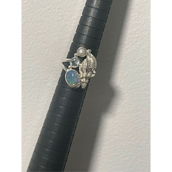 Artisan Jewelry - Sterling Silver Silver Ethiopian Opal / Pearl / Blue Topaz Ring 6